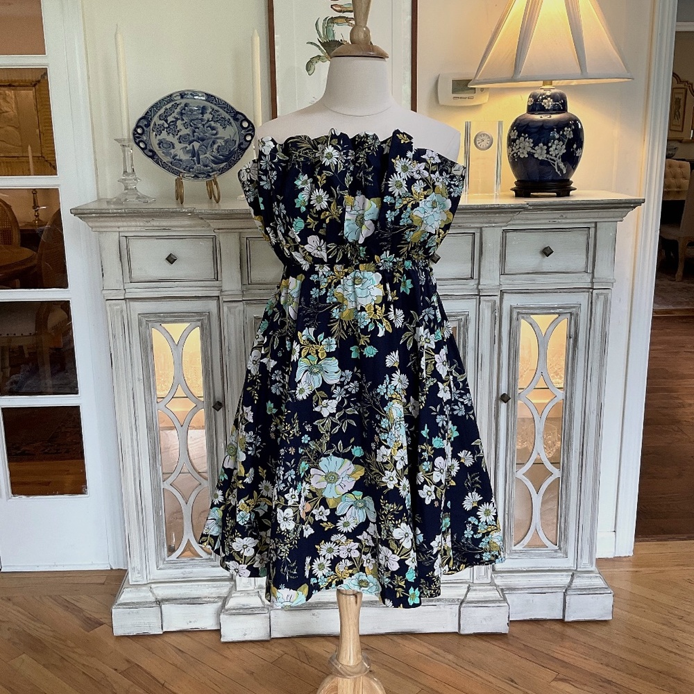 Anthropologie Navy Floral Fit and Flare Strapless Dress with Pockets NWT Sz XL